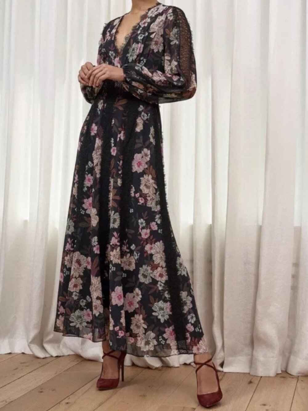 La Ligne Margaret Magnolia floral lace trim maxi dress size 4